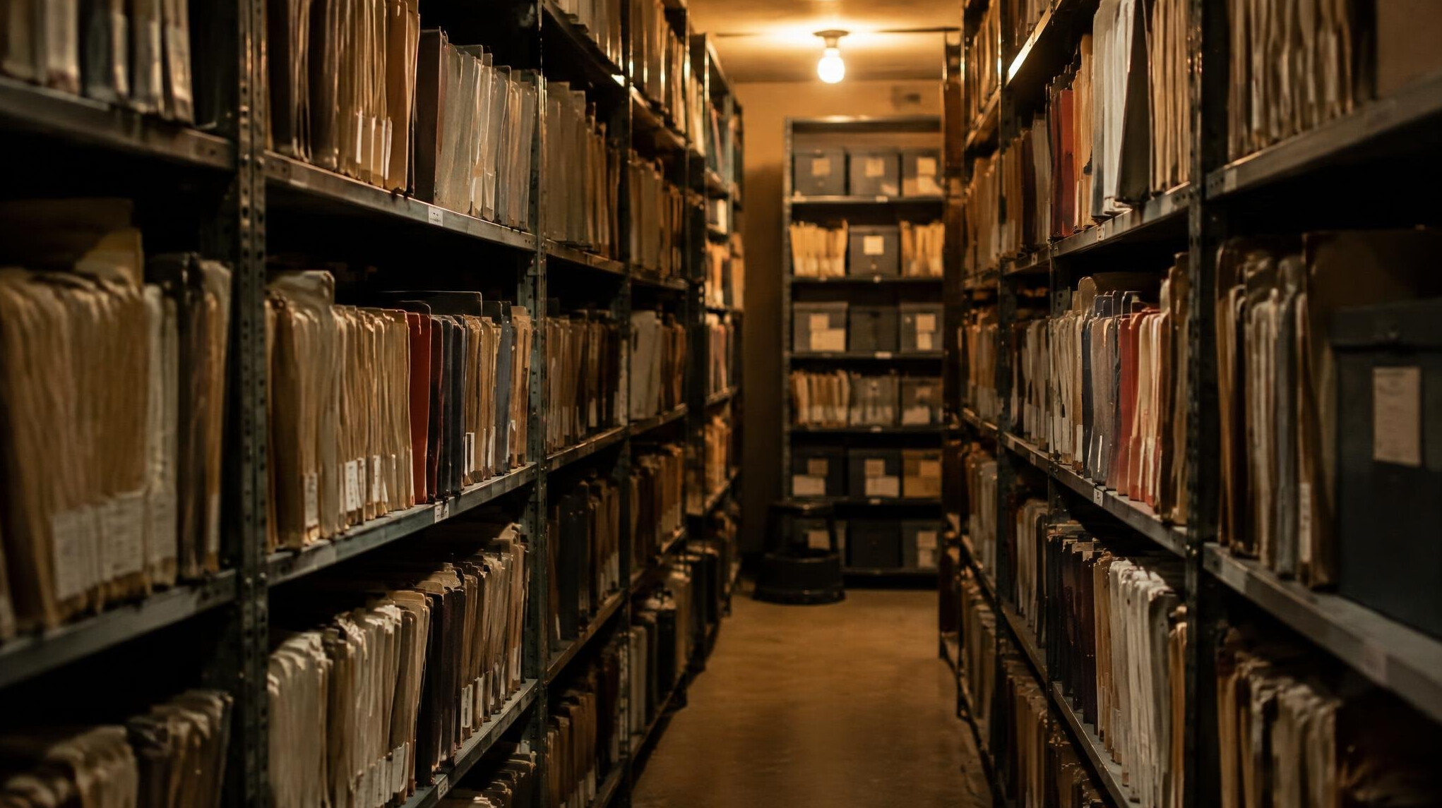 Shelves of archived documents and case files