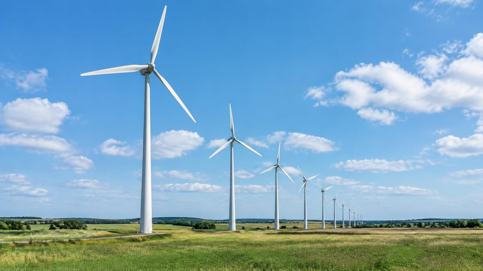 Wind turbines standing in an open field