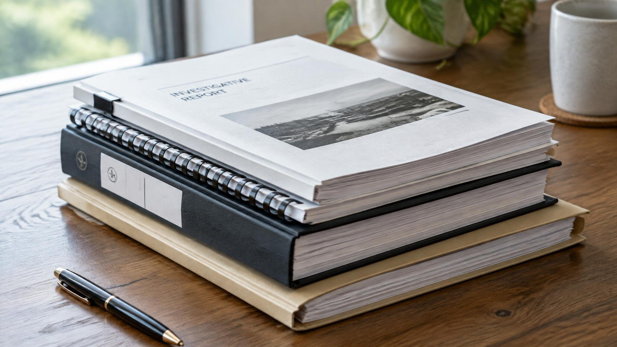 Stack of printed investigative reports on a wooden table