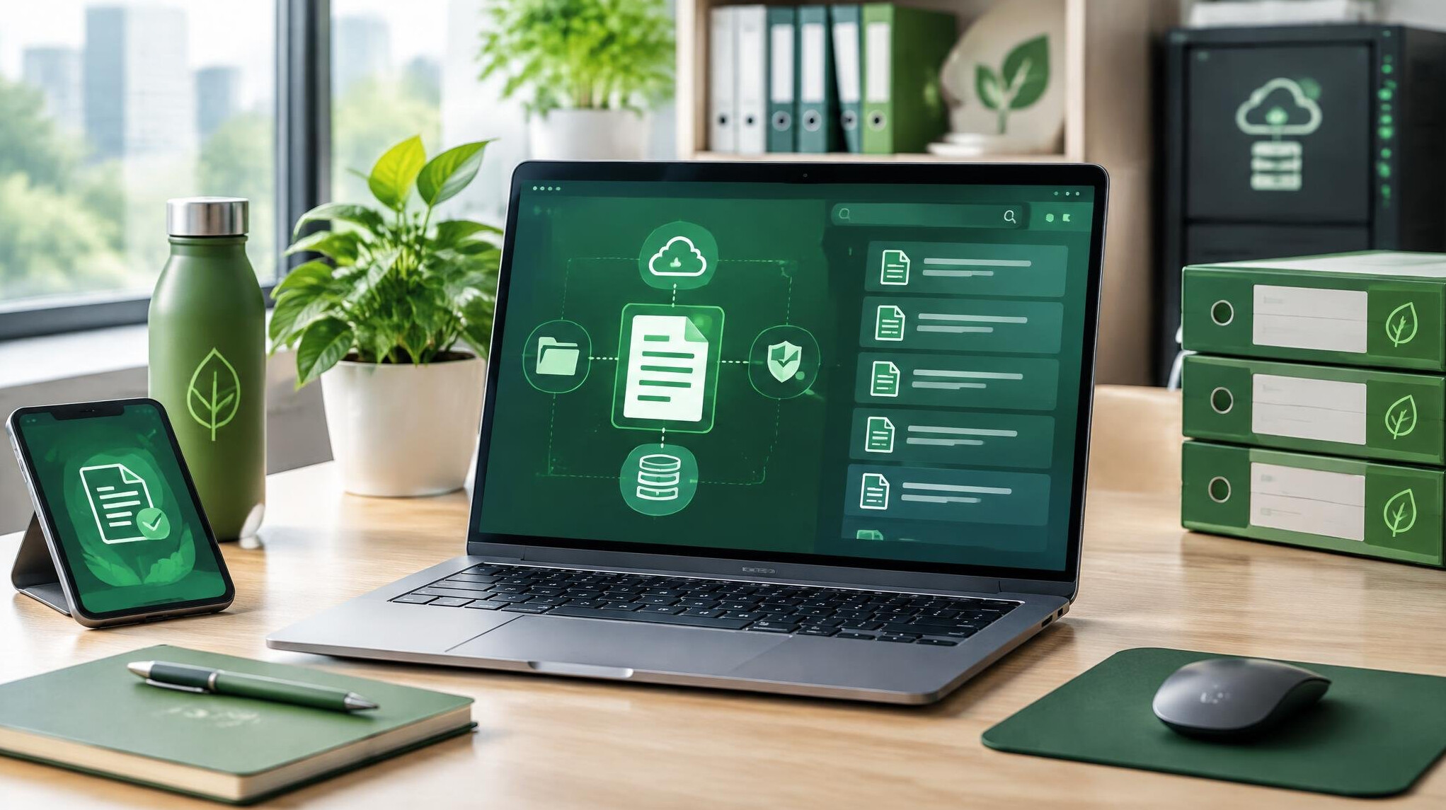 green digital documents on screen