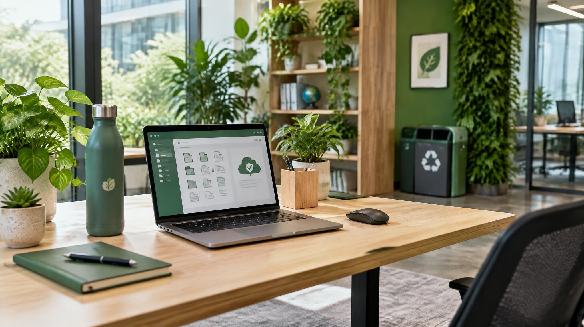 sustainable office desk with plants