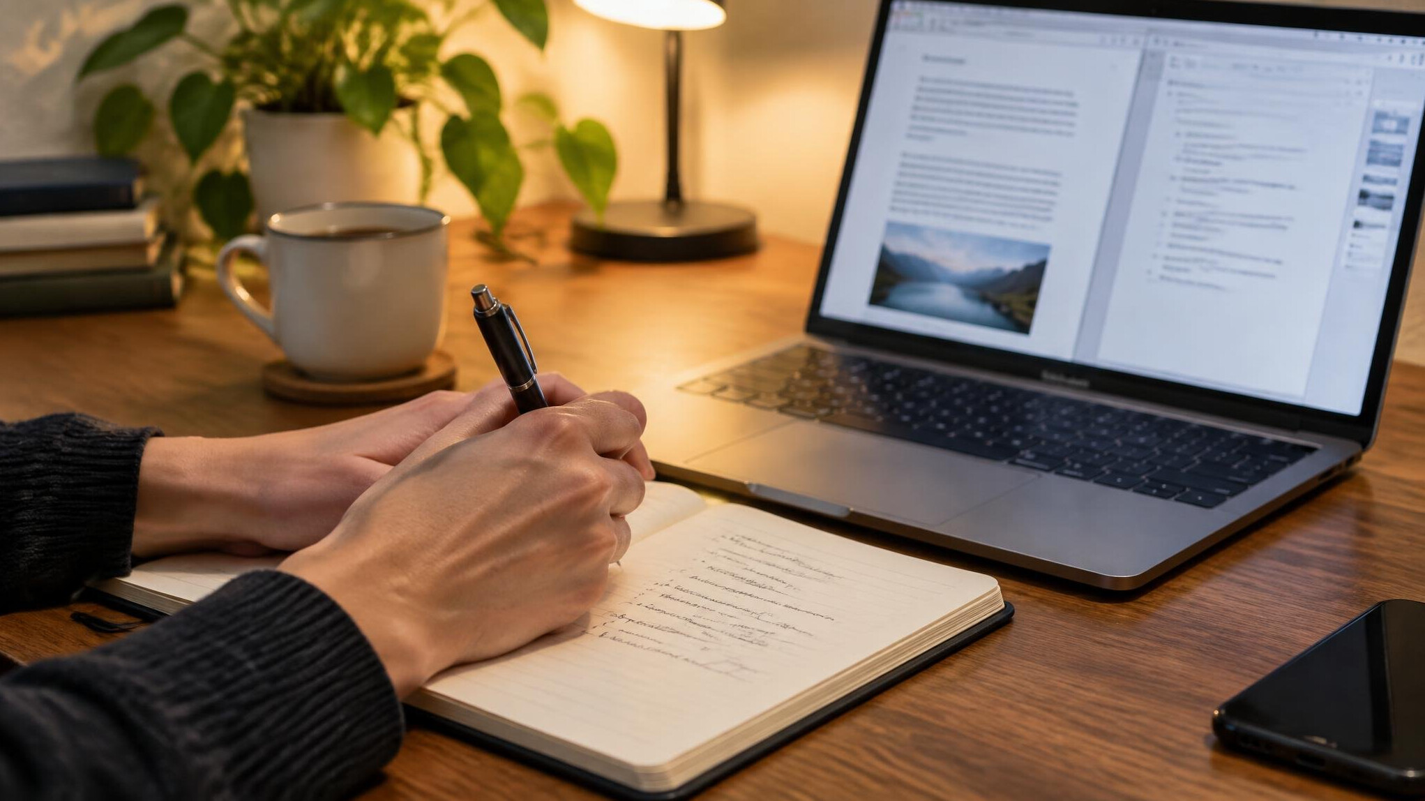 Person writing notes in a notebook beside an open laptop