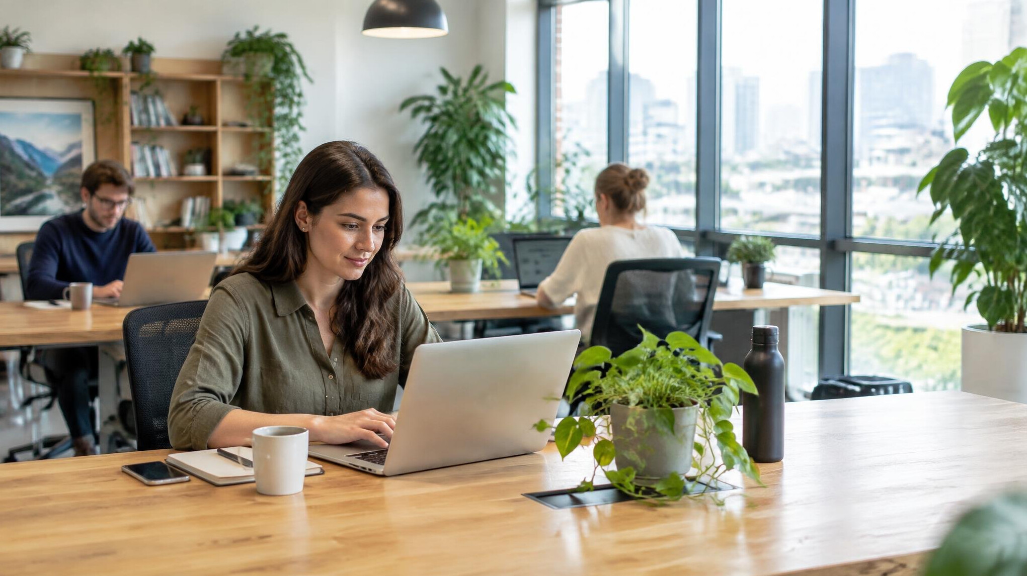 Bright modern office workspace with desks and plants