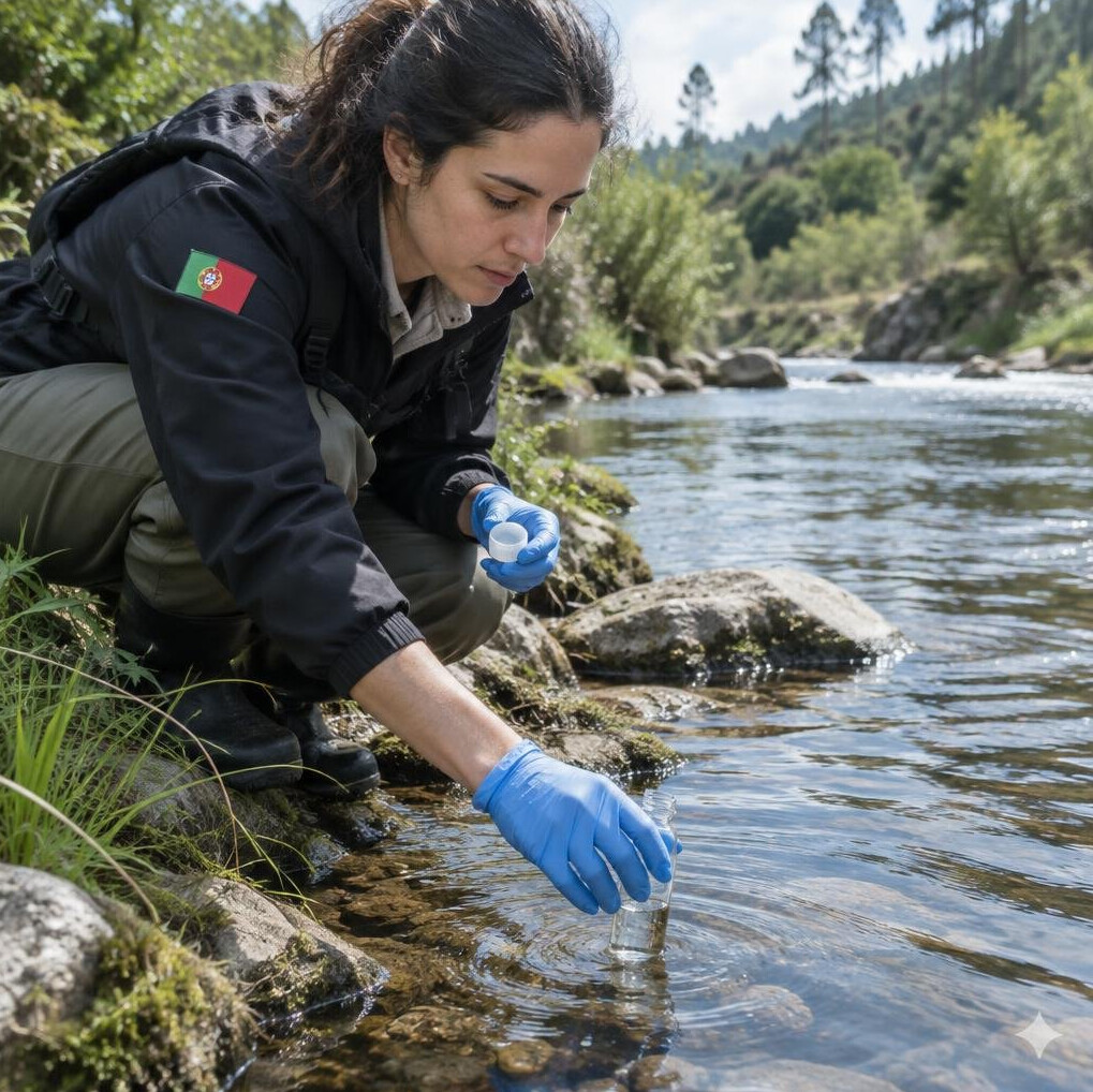 Researcher collecting a water sample from a river