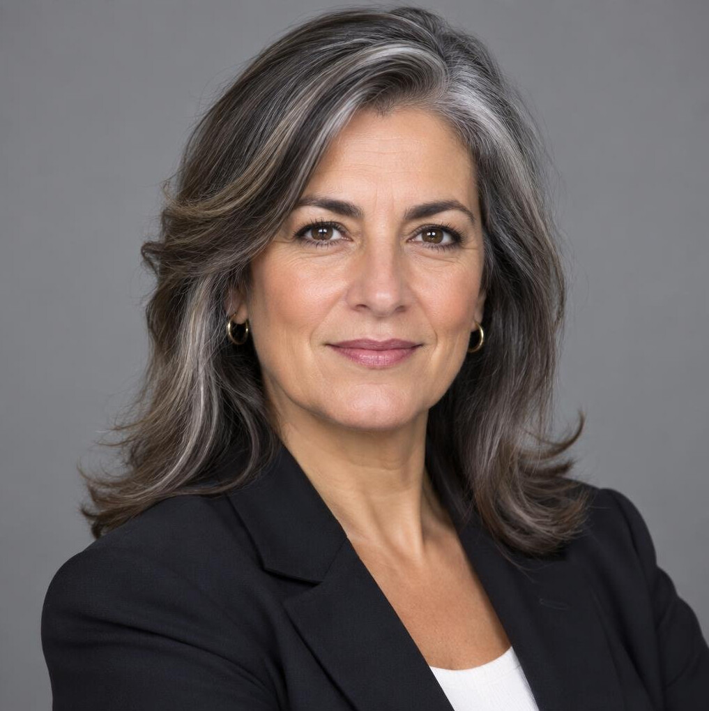 Studio portrait of a Portuguese woman in her fifties, editor-in-chief