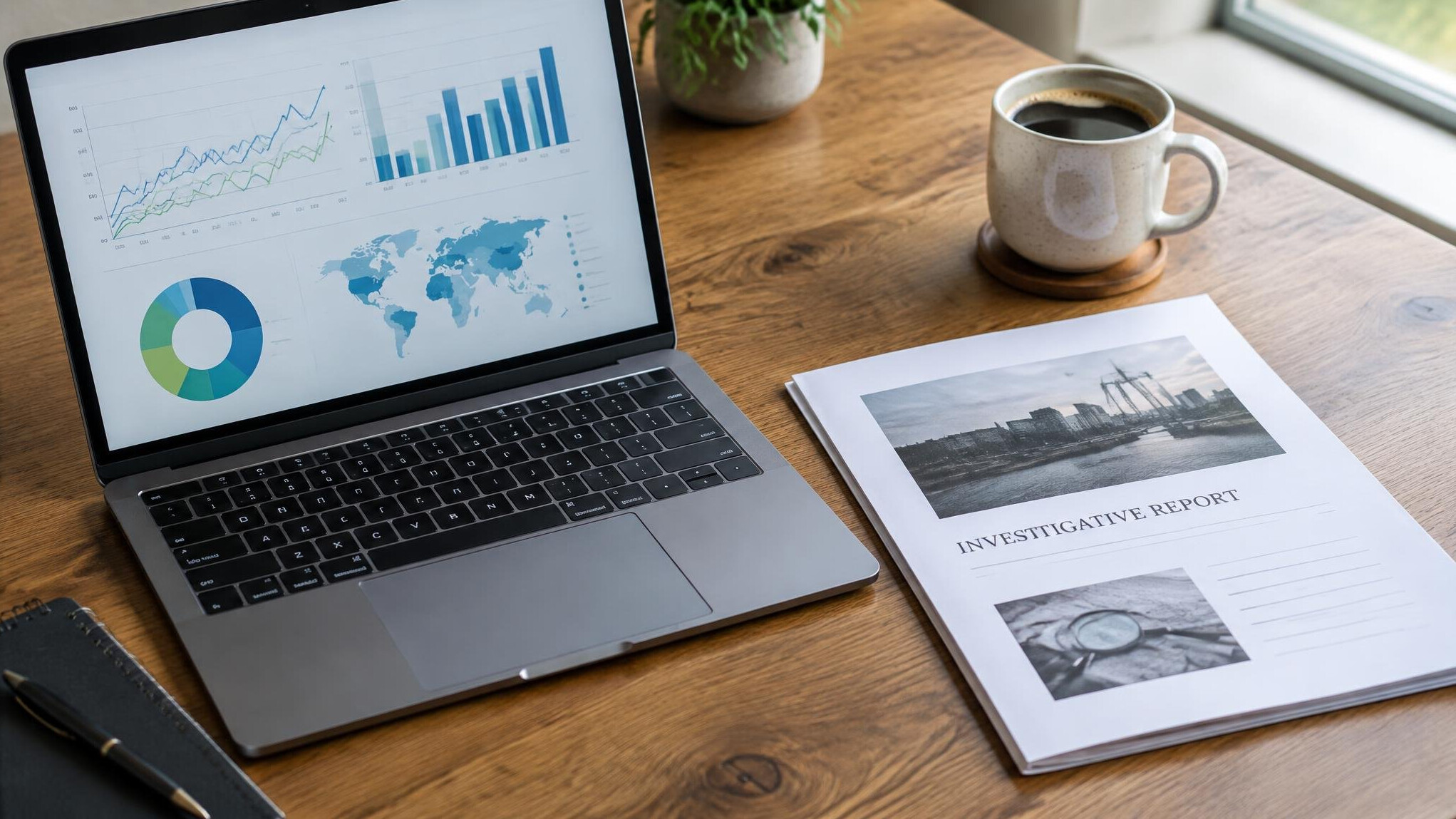 Laptop displaying charts next to a printed report and coffee