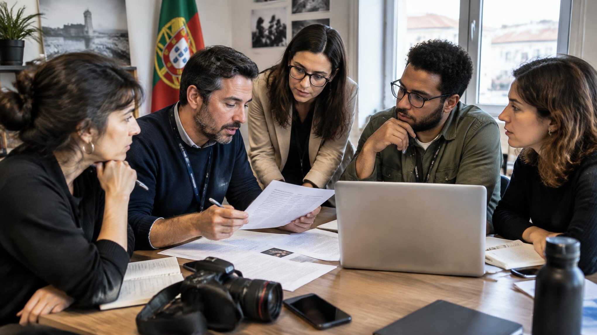 Small editorial team meeting around a table with notes