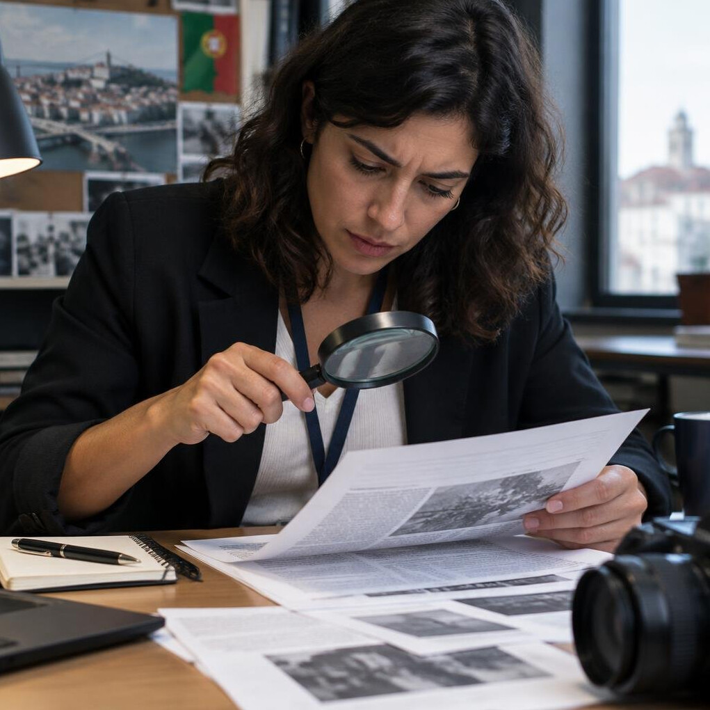 Journalist reviewing printed documents with a magnifying glass