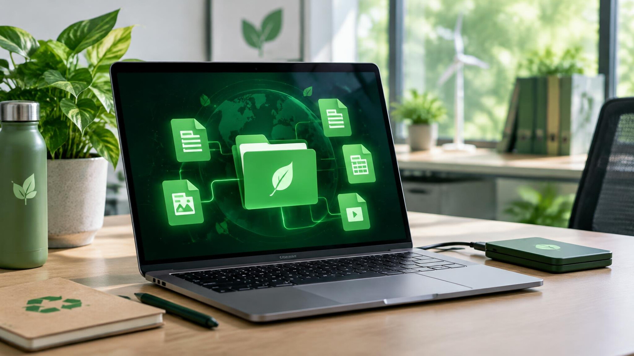 green digital files on computer